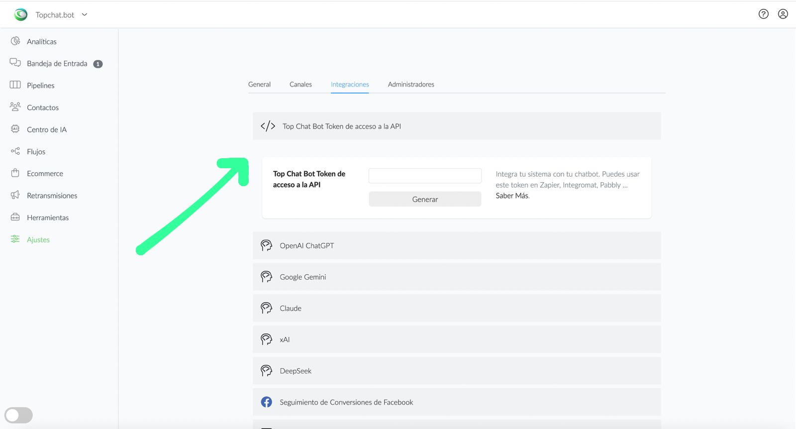 Veras un botón que se llama generar, da clic y obtendrás un token único de acceso a tu cuenta de TopChat.Bot.